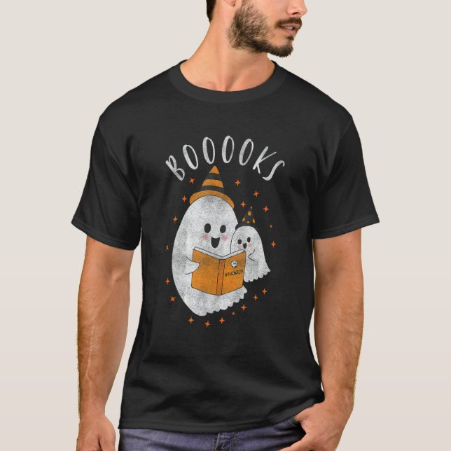 Cute Ghost Book Reading Teacher School  Halloween  T-Shirt (Front)