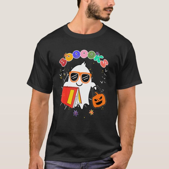 Cute Ghost Book Reading Teacher School  Halloween  T-Shirt (Front)