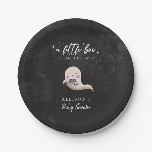 Cute Ghost Bow Tie Little Boo Baby Shower Paper Plate (Front)