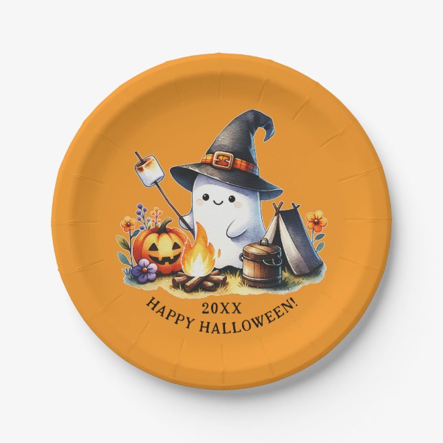 Cute Ghost Camping Happy Halloween Orange Paper Plate (Front)
