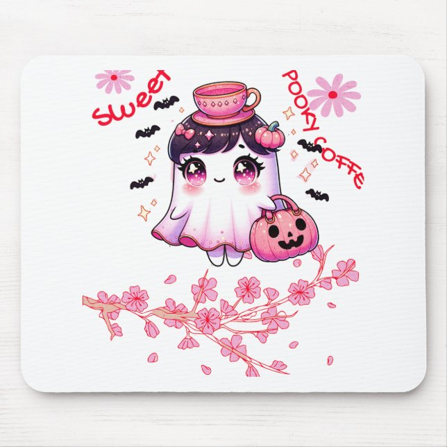 Cute Ghost Carrying Coffee | Sweet Spooky Coffee Mouse Pad (Front)