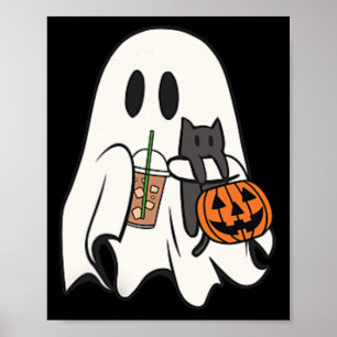 Cute Ghost Cat Iced Coffee Spooky Season Halloween Poster