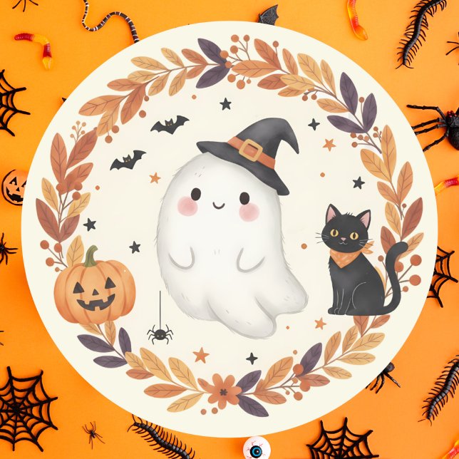 Cute Ghost Cat Pumpkin Autumn Wreath Halloween Classic Round Sticker (Creator Uploaded)