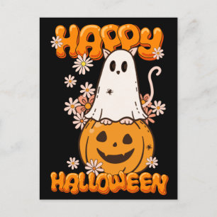 Cute Ghost Cat Pumpkin Flowers Happy Halloween  Postcard