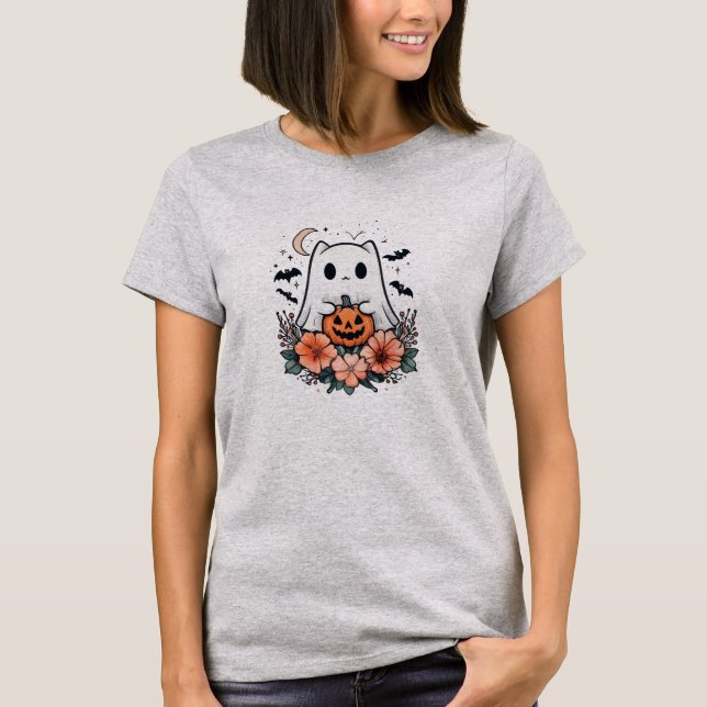 Cute Ghost Cat & Pumpkin Halloween Floral Design T-Shirt (Front)