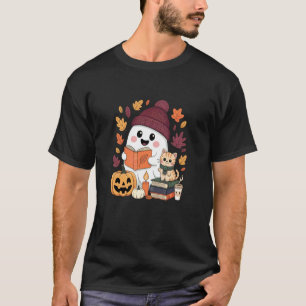 Cute Ghost Cat Reading Book Lovers Halloween Women T-Shirt