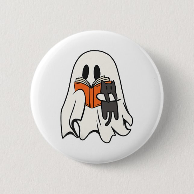 Cute Ghost Cat Reading Book Spooky Season Hallowee 2 Inch Round Button (Front)