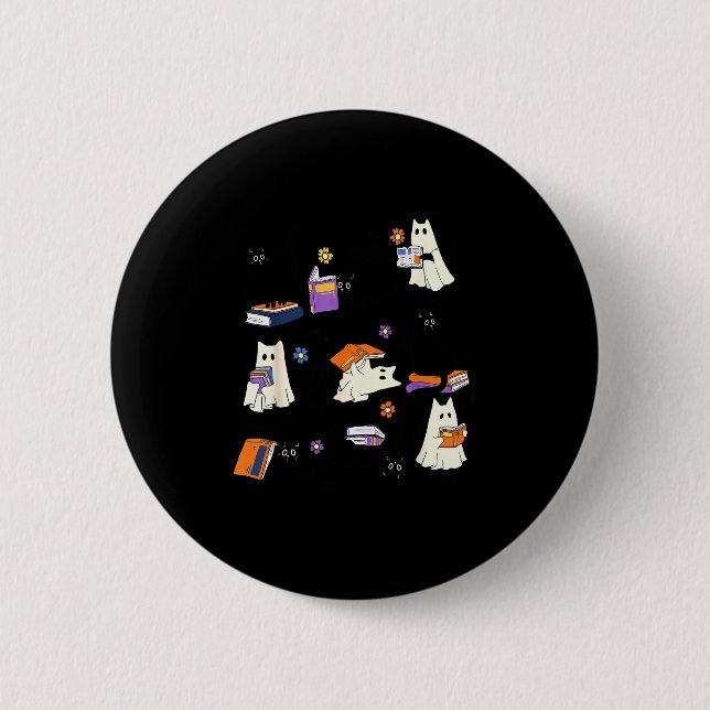Cute Ghost Cat Reading Books Lover Bookish Hallowe 2 Inch Round Button (Front)