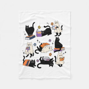 Cute Ghost Cat Reading Books Lover Bookish Hallowe Fleece Blanket