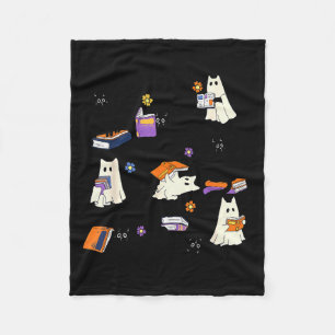 Cute Ghost Cat Reading Books Lover Bookish Hallowe Fleece Blanket