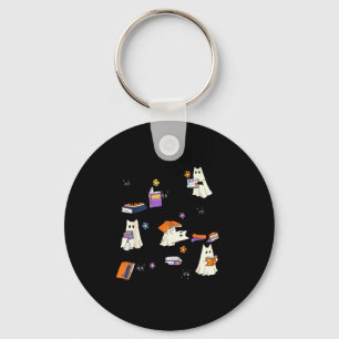 Cute Ghost Cat Reading Books Lover Bookish Hallowe Keychain