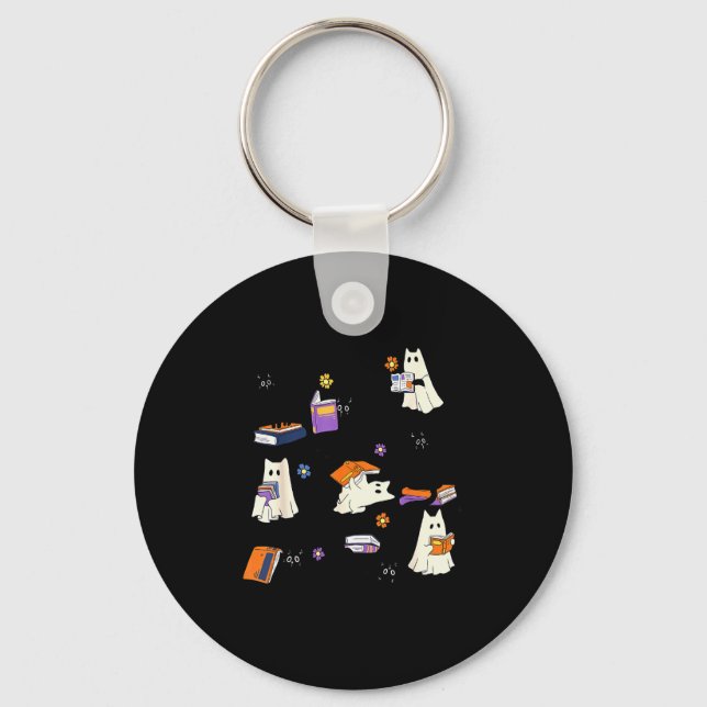 Cute Ghost Cat Reading Books Lover Bookish Hallowe Keychain (Front)