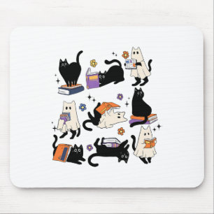 Cute Ghost Cat Reading Books Lover Bookish Hallowe Mouse Pad