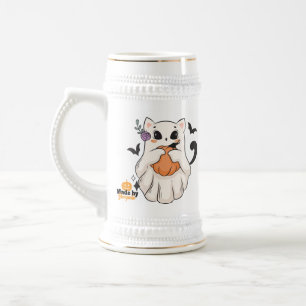 Cute Ghost Cat with Pumpkin   Spooky Halloween Mug