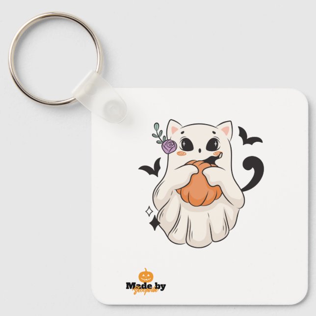 Cute Ghost Cat with Pumpkin | Spooky Halloween Mug Keychain (Front)