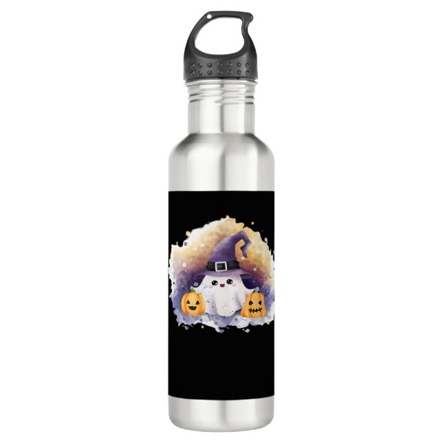 Cute Ghost Cat with Pumpkins � Kawaii Halloween Ar 710 Ml Water Bottle (Front)