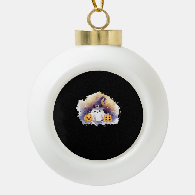 Cute Ghost Cat with Pumpkins – Kawaii Halloween Ar Ceramic Ball Christmas Ornament (Front)