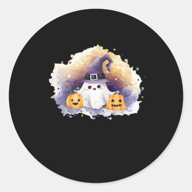 Cute Ghost Cat with Pumpkins � Kawaii Halloween Ar Classic Round Sticker (Front)