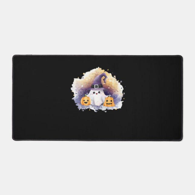 Cute Ghost Cat with Pumpkins – Kawaii Halloween Ar Desk Mat (Front)