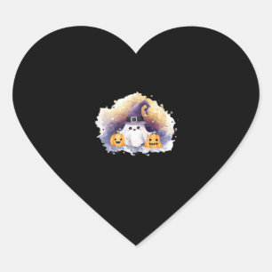 Cute Ghost Cat with Pumpkins � Kawaii Halloween Ar Heart Sticker