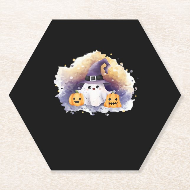 Cute Ghost Cat with Pumpkins � Kawaii Halloween Ar Paper Coaster (Front)