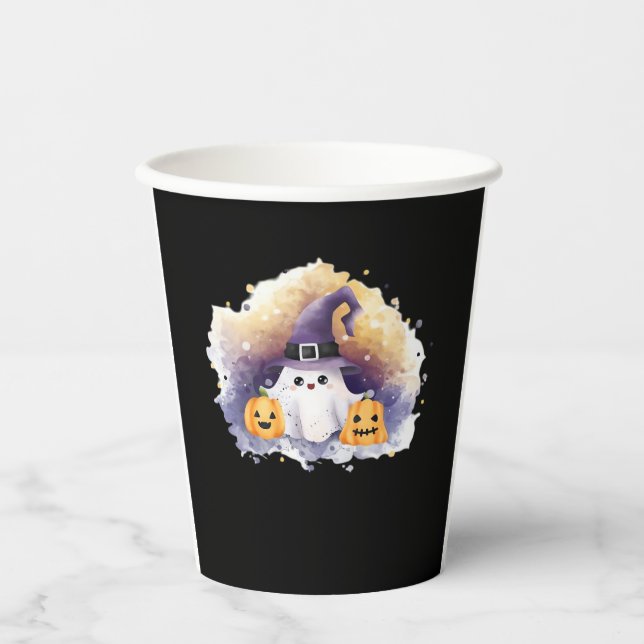 Cute Ghost Cat with Pumpkins � Kawaii Halloween Ar Paper Cups (Front)