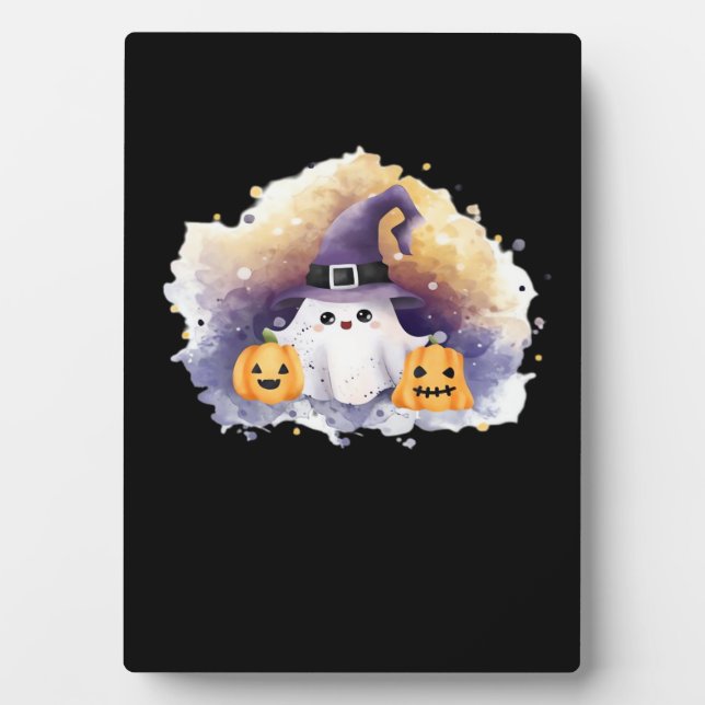 Cute Ghost Cat with Pumpkins – Kawaii Halloween Ar Plaque (Front)