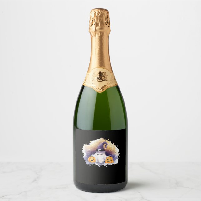 Cute Ghost Cat with Pumpkins � Kawaii Halloween Ar Sparkling Wine Label (Front)