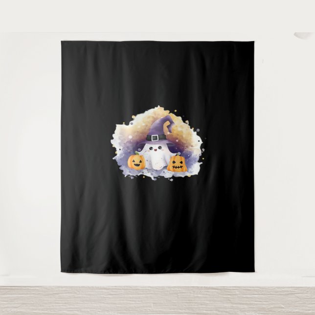 Cute Ghost Cat with Pumpkins – Kawaii Halloween Ar Tapestry (Front)