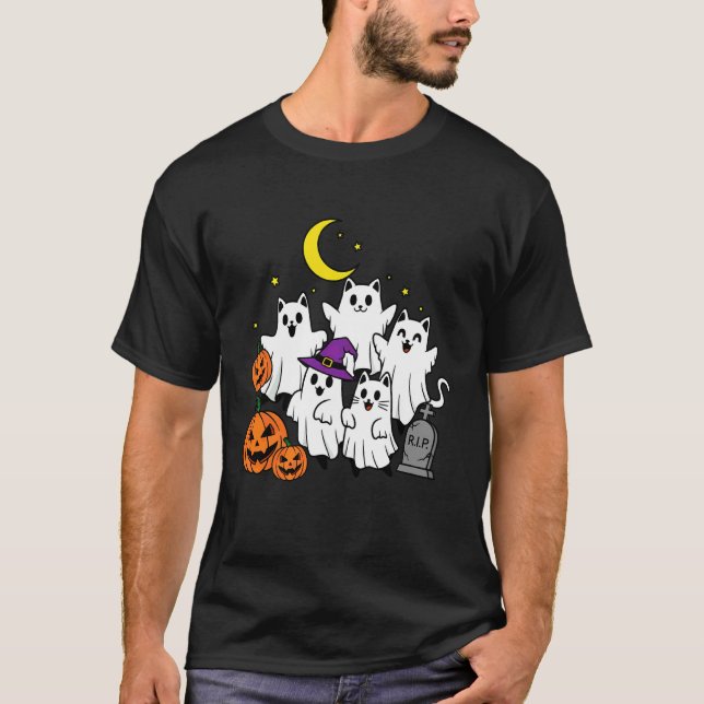 Cute Ghost Cats and Pumpkins Graveyard Fun Hallowe T-Shirt (Front)