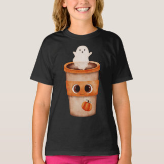 Cute Ghost Coffee Cup Kids Halloween T-Shirt
