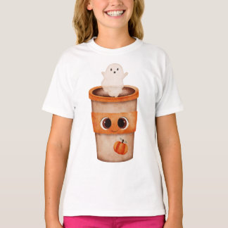 Cute Ghost Coffee Cup Kids Halloween T-Shirt