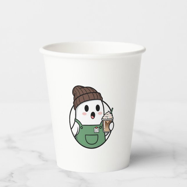 Cute Ghost Coffee Paper Cup – Funny Cartoon Dispos (Front)
