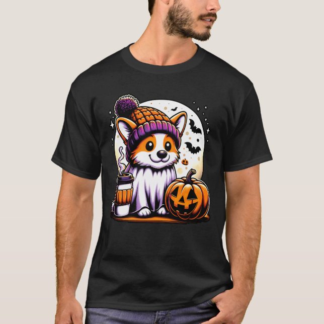 Cute Ghost Corgi Pumpkin Drinks Beanie Fall Hallow T-Shirt (Front)