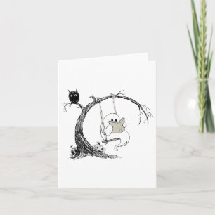 Cute Ghost Costume Swinging Reading Book Halloween Card
