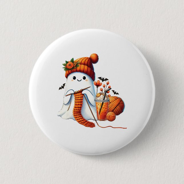 Cute Ghost Crochet Knitting Lovers Halloween Coffe 2 Inch Round Button (Front)