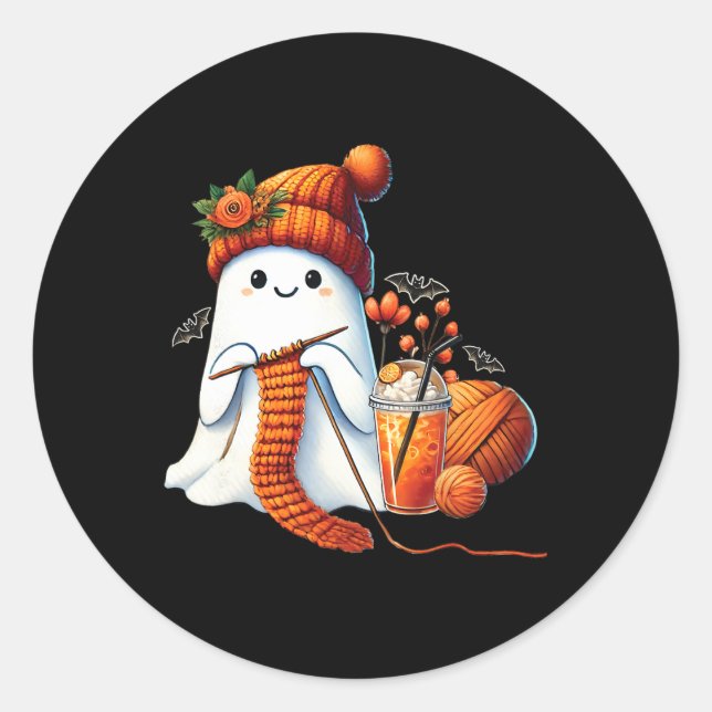 Cute Ghost Crochet Knitting Lovers Halloween Coffe Classic Round Sticker (Front)