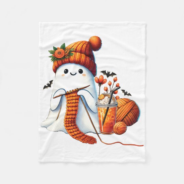 Cute Ghost Crochet Knitting Lovers Halloween Coffe Fleece Blanket (Front)