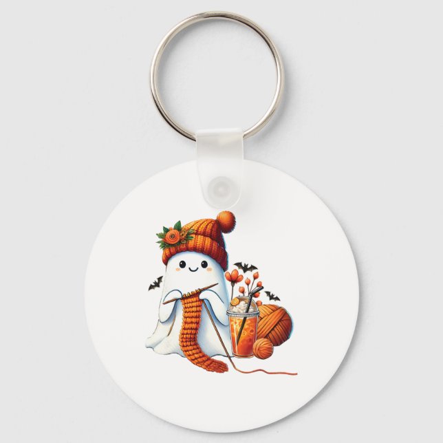 Cute Ghost Crochet Knitting Lovers Halloween Coffe Keychain (Front)