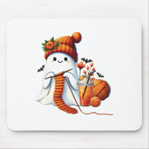 Cute Ghost Crochet Knitting Lovers Halloween Coffe Mouse Pad