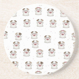 Cute Ghost Dog Halloween Bandana Pink Bow Spooky Coaster