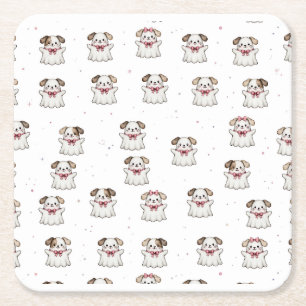 Cute Ghost Dog Halloween Bandana Pink Bow Spooky Square Paper Coaster