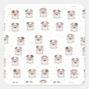 Cute Ghost Dog Halloween Bandana Pink Bow Spooky Square Sticker