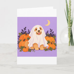 Cute ghost dog in white sheet Halloween illustrati Card