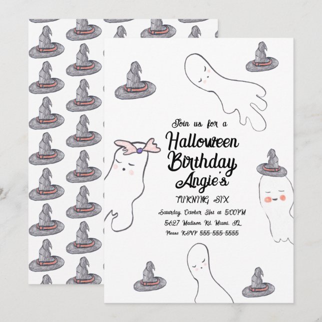 Cute Ghost Doodle Halloween Witch Hat Birthday Invitation (Front/Back)