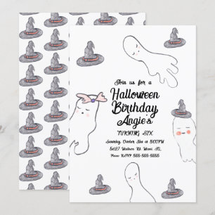 Cute Ghost Doodle Halloween Witch Hat Birthday Invitation