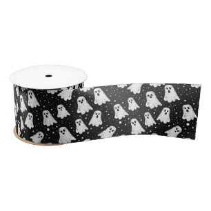Cute Ghost Doodle Illustration Black and White Satin Ribbon