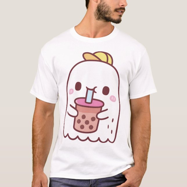 Cute Ghost Drinking Boba Tea T-Shirt (Front)