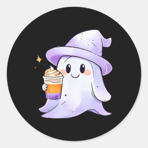 Cute Ghost Drinking Coffee Couple Halloween Coffee Classic Round Sticker