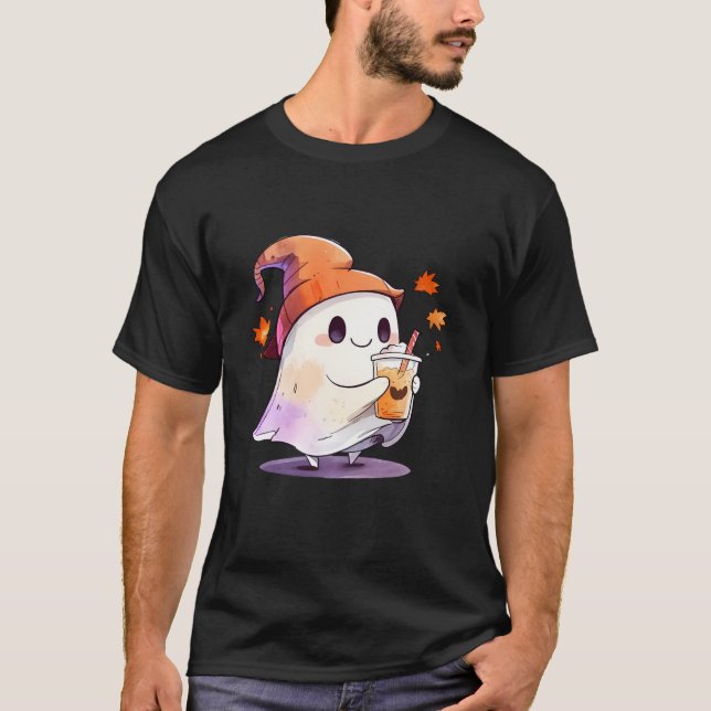 Cute Ghost Drinking Coffee Couple Halloween Coffee T-Shirt (Front)